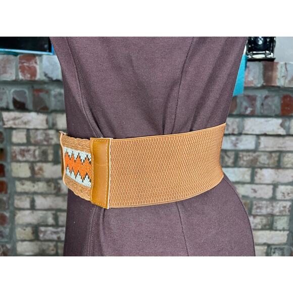 elastic belt boho embroidered braided orange brown white - Picture 4 of 7